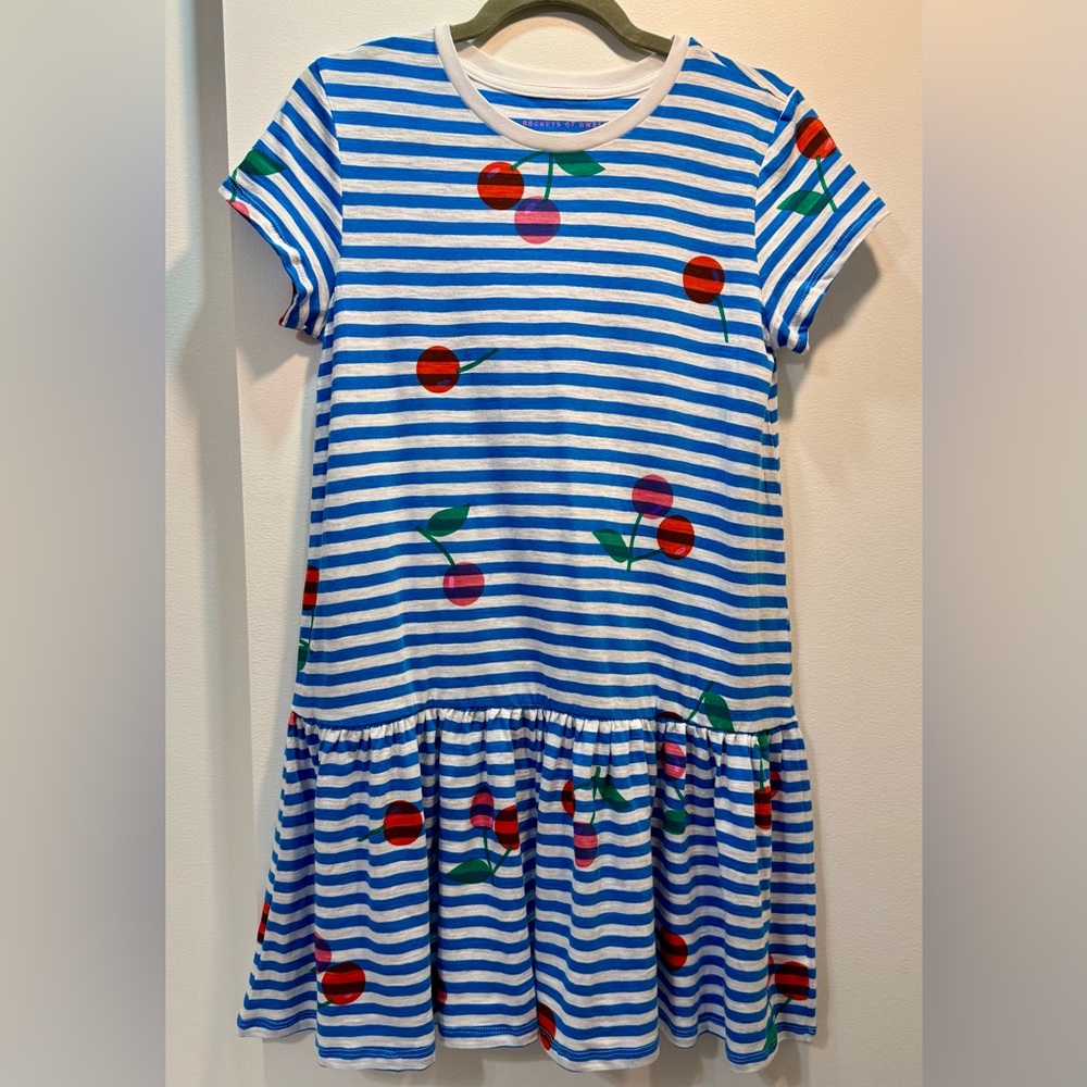 NWT Rockets of Awesome Girls Blue Stripe Cherry Drop Waist Dress Sz 14